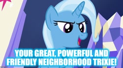 Size: 888x499 | Tagged: safe, edit, edited screencap, screencap, character:trixie, species:pony, species:unicorn, caption, female, friendship throne, image macro, mare, meme, reference, solo, text, trixie yells at everything