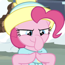 Size: 702x699 | Tagged: safe, edit, edited screencap, screencap, character:pinkie pie, species:earth pony, species:pony, episode:best gift ever, g4, my little pony: friendship is magic, clothing, cropped, cursed, cursed image, cute, diapinkes, editor needed, female, hat, mare, pinkie being pinkie, silly, solo, spongebob squarepants, squidward nose, wat