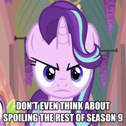 Size: 1350x1350 | Tagged: safe, edit, edited screencap, screencap, character:spike, character:starlight glimmer, species:dragon, species:pony, species:unicorn, episode:a matter of principals, g4, my little pony: friendship is magic, :c, >:c, angry, caption, cropped, cute, female, frown, glimmerbetes, image macro, implied season 9, madorable, mare, meme, no spoilers, solo, solo focus, text, text edit, winged spike