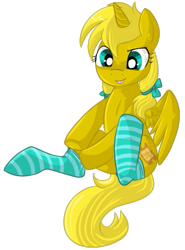 Size: 395x535 | Tagged: safe, artist:lulubell, oc, oc only, oc:ticket, species:alicorn, species:pony, alicorn oc, bow, clothing, cute, simple background, socks, solo, striped socks, transparent background