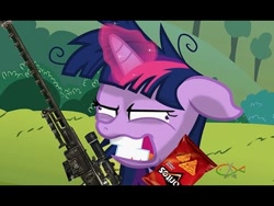 Size: 480x360 | Tagged: safe, edit, edited screencap, screencap, character:twilight sparkle, character:twilight sparkle (unicorn), species:pony, species:unicorn, episode:lesson zero, g4, my little pony: friendship is magic, chips, derp, doritos, female, food, glowing horn, gritted teeth, gun, horn, insanity, link in source, mare, messy mane, rifle, sniper rifle, solo, wat, weapon, youtube link, youtube poop