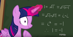 Size: 849x437 | Tagged: safe, edit, edited screencap, screencap, character:twilight sparkle, character:twilight sparkle (alicorn), species:alicorn, species:pony, chalkboard, crazed, discovery family logo, fancy mathematics, glowing horn, horn, math, meme, paradox
