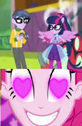 Size: 203x311 | Tagged: safe, edit, screencap, character:microchips, character:pinkie pie, character:twilight sparkle, character:twilight sparkle (scitwi), species:eqg human, ship:microlight, episode:cheer you on, episode:coinky-dink world, eqg summertime shorts, g4, my little pony: equestria girls, my little pony:equestria girls, spoiler:eqg series (season 2), female, male, meme, pinkie the shipper, pinkie's eyes, scitwilicorn, shipping, shipping domino, straight, super ponied up