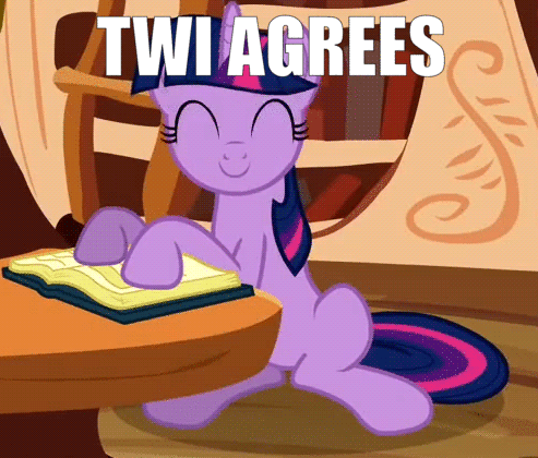 Size: 493x420 | Tagged: safe, edit, edited screencap, screencap, character:twilight sparkle, character:twilight sparkle (unicorn), species:pony, species:unicorn, episode:a friend in deed, g4, my little pony: friendship is magic, animated, book, caption, cropped, cute, eyes closed, female, golden oaks library, image macro, ladder, looking at you, mare, nodding, sitting, smiling, solo, text, twiabetes, yes