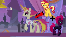 Size: 1280x720 | Tagged: safe, edit, edited screencap, screencap, character:fire flare, character:sunset shimmer, character:tempest shadow, species:pony, species:unicorn, episode:the summer sun setback, g4, my little pony: friendship is magic, my little pony: the movie (2017), broken horn, clothing, cropped, eye scar, female, grin, hoof shoes, horn, lidded eyes, magic, magic aura, mare, raised hoof, scar, smiling, telekinesis