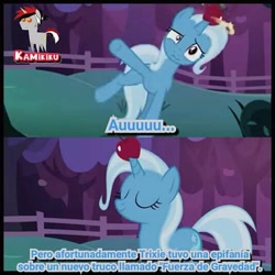 Size: 534x534 | Tagged: safe, edit, edited screencap, screencap, character:trixie, species:pony, apple, female, food, horn, horn impalement, isaac newton, solo, spanish, translated in the comments
