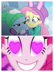 Size: 3106x4096 | Tagged: safe, edit, screencap, character:fluttershy, character:pinkie pie, character:trixie, ship:trixieshy, episode:coinky-dink world, eqg summertime shorts, equestria girls:holidays unwrapped, g4, my little pony: equestria girls, my little pony:equestria girls, spoiler:eqg series (season 2), clothing, female, fluttershy's winter hat, hat, lesbian, meme, pinkie the shipper, pinkie's eyes, plusplus, shipping, winter hat