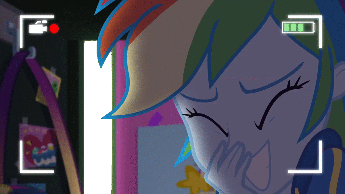 Size: 1200x675 | Tagged: safe, edit, edited screencap, screencap, character:rainbow dash, episode:do it for the ponygram!, g4, my little pony: equestria girls, my little pony:equestria girls, spoiler:eqg series (season 2), absurd file size, absurd gif size, animated, camera shot, female, geode of super speed, gif, laughing, lockers, magical geodes, rainbow dash's prank fail, scare cam