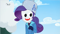 Size: 1281x719 | Tagged: safe, edit, edited screencap, screencap, character:rarity, equestria girls:holidays unwrapped, g4, my little pony: equestria girls, my little pony:equestria girls, spoiler:eqg series (season 2), clothing, cute, face, face swap, female, jesus christ how horrifying, jewelry, plusplus, smiling, solo, winter outfit