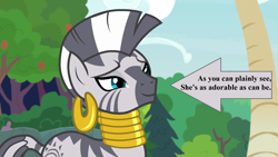 Size: 1920x1080 | Tagged: safe, edit, edited screencap, screencap, character:zecora, episode:she talks to angel, g4, my little pony: friendship is magic, arrow, captain obvious, cute, ear piercing, earring, jewelry, neck rings, piercing, quadrupedal, rhyme, smiling, text, tree, zecorable
