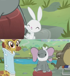Size: 1600x1746 | Tagged: safe, edit, edited screencap, screencap, character:angel bunny, character:clementine, character:harry, character:muriel, episode:she talks to angel, g4, my little pony: friendship is magic, bandage, bear, blowing, elephant, flower, giraffe, injured, lounge chair, neck brace, pulling, river, rude, screencap comic, trunk