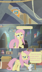 Size: 1600x2694 | Tagged: safe, edit, edited screencap, screencap, character:angel bunny, character:fluttershy, species:pegasus, species:pony, species:rabbit, episode:she talks to angel, g4, my little pony: friendship is magic, animal, book, box, carrot juice, comic, concentrated carrot extract, container, dialogue, door, duo, female, frazzled, hoof on head, jar, ladder, male, mare, rope, screencap comic, shelf, speech bubble, stool, surprised, vase