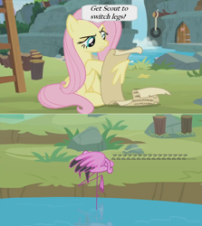 Size: 1364x1526 | Tagged: safe, edit, edited screencap, screencap, character:angel bunny, character:fluttershy, species:pegasus, species:pony, episode:she talks to angel, g4, my little pony: friendship is magic, body swap, comic, dialogue, door, female, flamingo, lake, list, mare, not fluttershy, onomatopoeia, scout (flamingo), screencap comic, scroll, sleeping, snoring, sound effects, speech bubble, sweet feather sanctuary, tire swing, waterfall, zzz