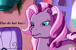 Size: 720x480 | Tagged: safe, edit, edited screencap, screencap, character:wysteria, species:earth pony, species:pony, episode:the princess promenade, g3, angry, dude not funny (reaction image), music stand, reaction image, sarcasm, solo, speech, unamused