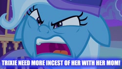 Size: 1280x720 | Tagged: safe, edit, edited screencap, screencap, character:trixie, species:pony, episode:to where and back again, g4, my little pony: friendship is magic, angry, caption, female, floppy ears, implied incest, implied lesbian, implied sunflower spectacle, meme, solo, trixie's wagon