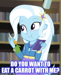 Size: 500x609 | Tagged: safe, edit, edited screencap, screencap, character:trixie, equestria girls:forgotten friendship, g4, my little pony: equestria girls, my little pony:equestria girls, carrot, cropped, eating, female, food, humans doing horse things, solo