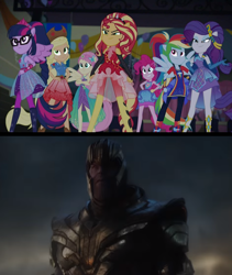 Size: 1440x1705 | Tagged: safe, edit, screencap, character:applejack, character:fluttershy, character:pinkie pie, character:rainbow dash, character:rarity, character:sunset shimmer, character:twilight sparkle, character:twilight sparkle (scitwi), species:eqg human, episode:cheer you on, g4, my little pony: equestria girls, my little pony:equestria girls, spoiler:eqg series (season 2), avengers: endgame, crossover, marvel, marvel cinematic universe, ponied up, scitwilicorn, super ponied up, thanos