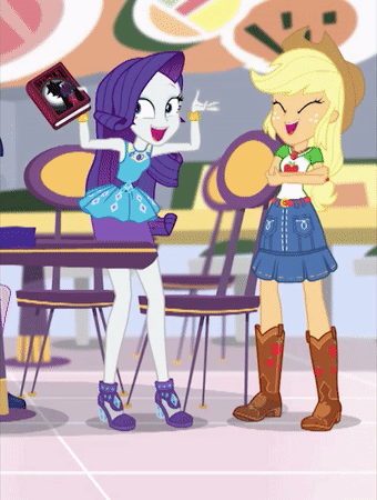 Size: 340x450 | Tagged: safe, edit, edited screencap, screencap, character:applejack, character:rarity, equestria girls:holidays unwrapped, g4, my little pony: equestria girls, my little pony:equestria girls, spoiler:eqg series (season 2), animated, beautiful, book, boots, chair, clothing, cropped, cute, eyes closed, freckles, geode of shielding, geode of super strength, gif, happy, hat, holding up, looking at something, magical geodes, raribetes, shoes, standing, table