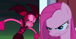Size: 783x404 | Tagged: safe, edit, screencap, character:pinkamena diane pie, character:pinkie pie, species:pony, episode:party of one, g4, my little pony: friendship is magic, angry, comparison, spinel (steven universe), steven universe, steven universe: the movie