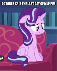 Size: 1076x1350 | Tagged: safe, edit, edited screencap, screencap, character:starlight glimmer, species:pony, species:unicorn, episode:every little thing she does, g4, my little pony: friendship is magic, cropped, end of g4, end of ponies, female, mare, press f to pay respects, sad, solo, text, text edit