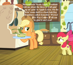 Size: 1008x896 | Tagged: safe, edit, edited screencap, screencap, character:apple bloom, character:applejack, episode:growing up is hard to do, g4, my little pony: friendship is magic, apple, apple pie, applejack's hat, bow, bowl, clothing, cowboy hat, cropped, food, full name, hat, implied scootaloo, implied sweetie belle, implied twilight sparkle, mane bow, pie, something wicked this way comes, speech, sweet apple acres