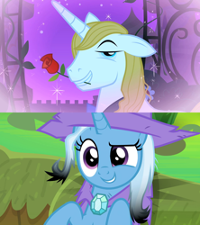 Size: 1280x1440 | Tagged: safe, edit, edited screencap, screencap, character:prince blueblood, character:trixie, species:pony, ship:bluetrix, episode:a horse shoe-in, episode:the best night ever, g4, my little pony: friendship is magic, cute, diatrixes, female, flower in mouth, male, rose, rose in mouth, shipping, shipping domino, singed, straight