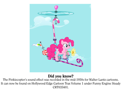 Size: 1024x768 | Tagged: safe, edit, edited screencap, screencap, character:pinkie pie, species:pony, episode:griffon the brush-off, g4, my little pony: friendship is magic, female, pedalcopter, pinkiecopter, random fact, solo, sound effects, trivia