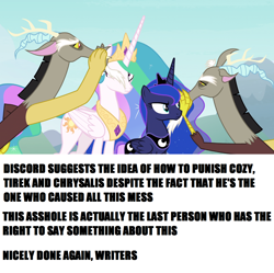Size: 1364x1360 | Tagged: safe, edit, edited screencap, screencap, character:discord, character:princess celestia, character:princess luna, species:alicorn, species:draconequus, species:pony, episode:the ending of the end, g4, my little pony: friendship is magic, leak, cropped, discord drama, impact font, meme, op has a point, self paradox