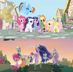 Size: 878x864 | Tagged: safe, edit, screencap, character:applejack, character:fluttershy, character:pinkie pie, character:rainbow dash, character:rarity, character:spike, character:twilight sparkle, character:twilight sparkle (alicorn), character:twilight sparkle (unicorn), species:alicorn, species:dragon, species:pony, species:unicorn, episode:the last problem, g4, my little pony: friendship is magic, apple farm, end of ponies, ethereal mane, female, gigachad spike, male, mane seven, mane six, mare, older, older applejack, older mane seven, older pinkie pie, older rainbow dash, older rarity, older spike, ponyville, princess twilight 2.0, winged spike