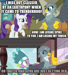 Size: 500x557 | Tagged: safe, edit, edited screencap, screencap, character:gabby, character:rarity, character:spike, episode:dragon dropped, g4, my little pony: friendship is magic, caption, image macro, implied trenderhoof, roasted, text