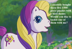 Size: 625x424 | Tagged: safe, edit, edited screencap, screencap, character:puzzlemint, species:pony, episode:greetings from unicornia, g3, bronybait, cropped, cute, flower, puzzlebetes, speech, that pony sure does love puzzles, tree