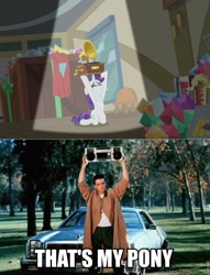 Size: 733x960 | Tagged: safe, edit, edited screencap, screencap, character:rarity, episode:dragon dropped, g4, my little pony: friendship is magic, boombox, caption, gramophone, image macro, meme, record player, say anything, text, that's my x