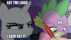 Size: 888x499 | Tagged: safe, edit, edited screencap, screencap, character:rarity, character:spike, species:dragon, species:pony, species:unicorn, episode:dragon dropped, g4, my little pony: friendship is magic, angry, annoyed, blanket, caption, clothing, discovery family logo, duo, eating, female, frown, ignoring, image macro, jealous, lighting, logo, mare, narrowed eyes, nose wrinkle, quill, robe, spike's room, text, winged spike, writing