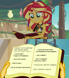 Size: 640x720 | Tagged: safe, edit, edited screencap, screencap, character:sunset shimmer, equestria girls:forgotten friendship, g4, my little pony: equestria girls, my little pony:equestria girls, spoiler:eqg series (season 2), austin powers, bucket list, geode of empathy, implied sunset twiangle, journal, list, magical geodes, meta, no fourth wall, pen