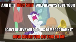Size: 888x499 | Tagged: safe, edit, edited screencap, screencap, character:rarity, species:pony, episode:dragon dropped, g4, my little pony: friendship is magic, banjo kazooie: nuts and bolts, caption, chair, crate, drama queen, dramatic lighting, female, gramophone, hoof on chest, image macro, implied shipping, implied sparity, implied straight, jontron, kneeling, marshmelodrama, singing, solo, spotlight, text, vulgar