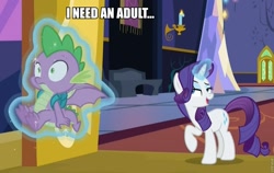 Size: 960x608 | Tagged: safe, edit, edited screencap, screencap, character:rarity, character:spike, species:dragon, episode:dragon dropped, g4, my little pony: friendship is magic, caption, i need an adult, image macro, magic, telekinesis, text, winged spike
