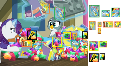 Size: 1711x924 | Tagged: safe, edit, edited screencap, screencap, character:gabby, character:rarity, episode:dragon dropped, episode:power ponies, g4, my little pony: friendship is magic, action comics #1, archie comics, comics, discovery family logo