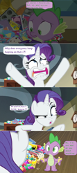Size: 1592x3584 | Tagged: safe, edit, edited screencap, screencap, character:rarity, character:spike, episode:dragon dropped, g4, my little pony: friendship is magic, book, clock, comic, comic book, confused, dialogue, faec, food, gem, ice cream, muffin tray, pile, screencap comic, speech bubble