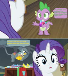 Size: 1600x1778 | Tagged: safe, edit, edited screencap, screencap, character:gabby, character:rarity, character:spike, species:dragon, episode:dragon dropped, g4, my little pony: friendship is magic, carrying, clock, comic book, crate, cutie mark, dialogue, flying, gem, implied gallus, implied grampa gruff, mailbag, realization, screencap comic, speech bubble, the cmc's cutie marks, winged spike