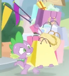 Size: 824x900 | Tagged: safe, edit, edited screencap, screencap, character:spike, species:dragon, episode:dragon dropped, g4, my little pony: friendship is magic, bags, carrying, cropped, lifting, male, shopping bags, solo, struggling, sweat, winged spike