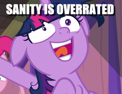 Size: 764x592 | Tagged: safe, edit, edited screencap, screencap, character:twilight sparkle, character:twilight sparkle (alicorn), species:alicorn, species:pony, episode:a trivial pursuit, g4, my little pony: friendship is magic, caption, cropped, floppy ears, image macro, insanity, messy mane, offscreen character, solo focus, text, twilight snapple, twilynanas