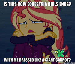 Size: 600x512 | Tagged: safe, edit, edited screencap, screencap, character:sunset shimmer, equestria girls:holidays unwrapped, equestria girls:sunset's backstage pass, g4, my little pony: equestria girls, my little pony:equestria girls, spoiler:eqg series (season 2), caption, cropped, discussion by background ponies, female, image macro, sad, solo, sunsad shimmer, text, the end of equestria girls, thems the breaks