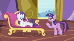 Size: 1600x898 | Tagged: safe, edit, edited screencap, screencap, character:rarity, character:twilight sparkle, character:twilight sparkle (alicorn), species:alicorn, species:pony, species:unicorn, episode:dragon dropped, g4, my little pony: friendship is magic, couch, disappointed, displeased, duo, eyeshadow, fainting couch, female, folded wings, lounging, makeup, mare, open door, pointing, raised eyebrow, suspicious, wings