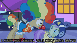 Size: 1280x720 | Tagged: safe, edit, edited screencap, screencap, character:alula, character:mayor mare, character:pluto, episode:luna eclipsed, g4, my little pony: friendship is magic, caption, clown, faec, image macro, it, it: chapter two, pennywise, pluto, scared, scrunchy face, text