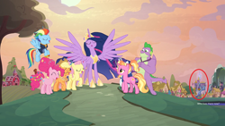 Size: 2560x1440 | Tagged: safe, edit, edited screencap, screencap, character:applejack, character:fluttershy, character:luster dawn, character:pinkie pie, character:rainbow dash, character:rarity, character:spike, character:twilight sparkle, character:twilight sparkle (alicorn), species:alicorn, species:dragon, species:pony, episode:the last problem, g4, my little pony: friendship is magic, gigachad spike, mane seven, mane six, older, older mane seven, older spike, ponyville, princess twilight 2.0, red circle, twilight's castle, winged spike