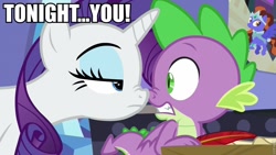 Size: 960x540 | Tagged: safe, edit, edited screencap, screencap, character:rarity, character:spike, species:dragon, episode:dragon dropped, g4, my little pony: friendship is magic, aqua teen hunger force, caption, hand banana, image macro, text, tonight you, winged spike