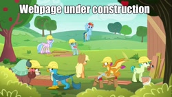 Size: 1280x720 | Tagged: safe, edit, edited screencap, screencap, character:applejack, character:gallus, character:ocellus, character:rainbow dash, character:sandbar, character:silverstream, character:smolder, character:yona, species:changedling, episode:non-compete clause, g4, my little pony: friendship is magic, apple tree, brush, construction, crosscut saw, hammer, hard hat, hat, meme, saw, student six, tree, under construction, webpage, website