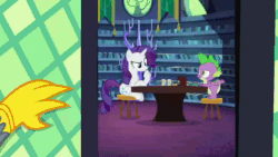 Size: 1280x720 | Tagged: safe, edit, screencap, character:gabby, character:rarity, character:spike, species:dragon, species:griffon, species:pony, species:unicorn, episode:dragon dropped, g4, my little pony: friendship is magic, animated, dungeons and dragons, library, ogres and oubliettes, oof, sound, twilight's castle, twilight's castle library, webm, winged spike, zoomed in