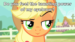 Size: 2000x1125 | Tagged: safe, edit, edited screencap, screencap, character:applejack, species:earth pony, species:pony, episode:three's a crowd, g4, my little pony: friendship is magic, applejack's eyebrow, applejack's hat, caption, clothing, cowboy hat, eyebrows, female, hat, image macro, inverted mouth, mare, megamind, meme, raised eyebrow, reference, smiling, text