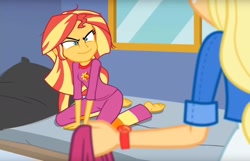 Size: 1440x930 | Tagged: safe, edit, edited screencap, screencap, character:applejack, character:sunset shimmer, episode:wake up!, g4, my little pony: equestria girls, my little pony:equestria girls, spoiler:choose your own ending (season 2), spoiler:eqg series (season 2), amused, barefoot, bed, bed hair, bed mane, clothing, cropped, feet, humans doing horse things, pajamas, smiling, sunset shimmer is amused, wake up!: applejack